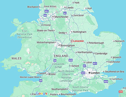 Map of southern UK highlighting Leicester.